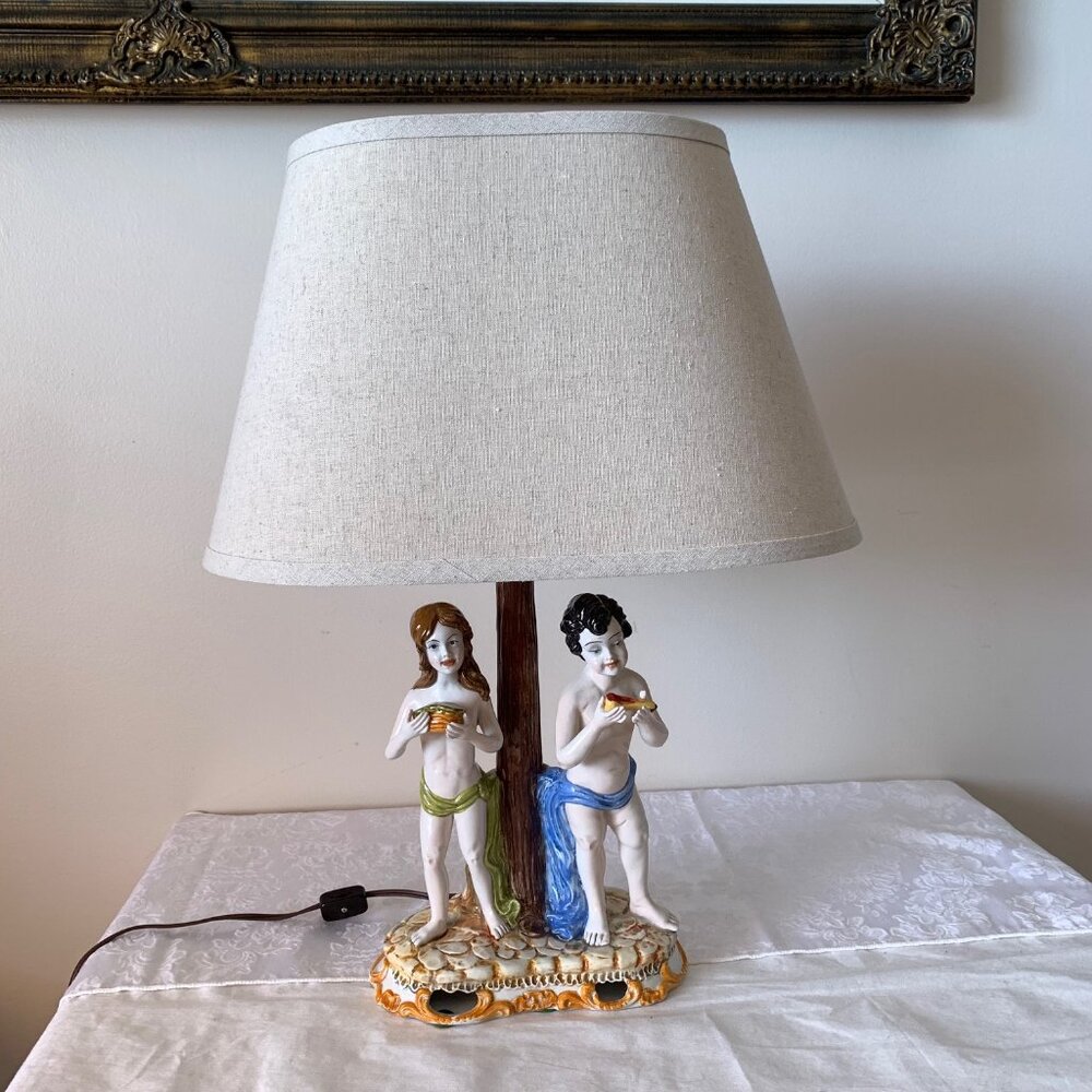 Vintage Capodimonte Porcelain Boy & Girl Figurines Table Lamp